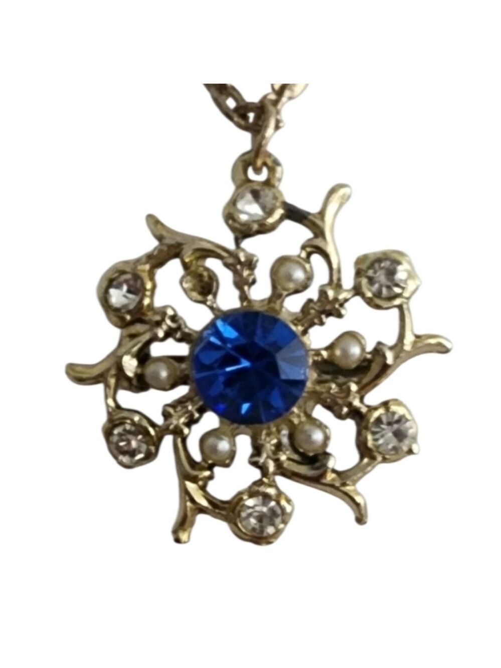 Goldtone Necklace with Blue Gemstone Pendant Brooch